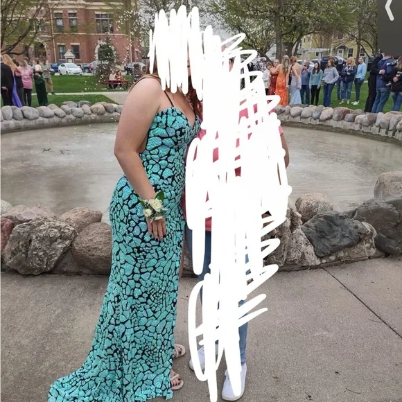 JVN by Jovani Turquoise Patterned Prom Dress - Picture 1 of 3